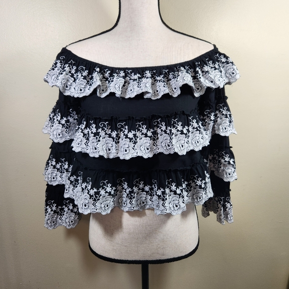 wms gianni bini tiered ruffled embroidered lacey cropped top sz s feminine boho - Picture 7 of 12
